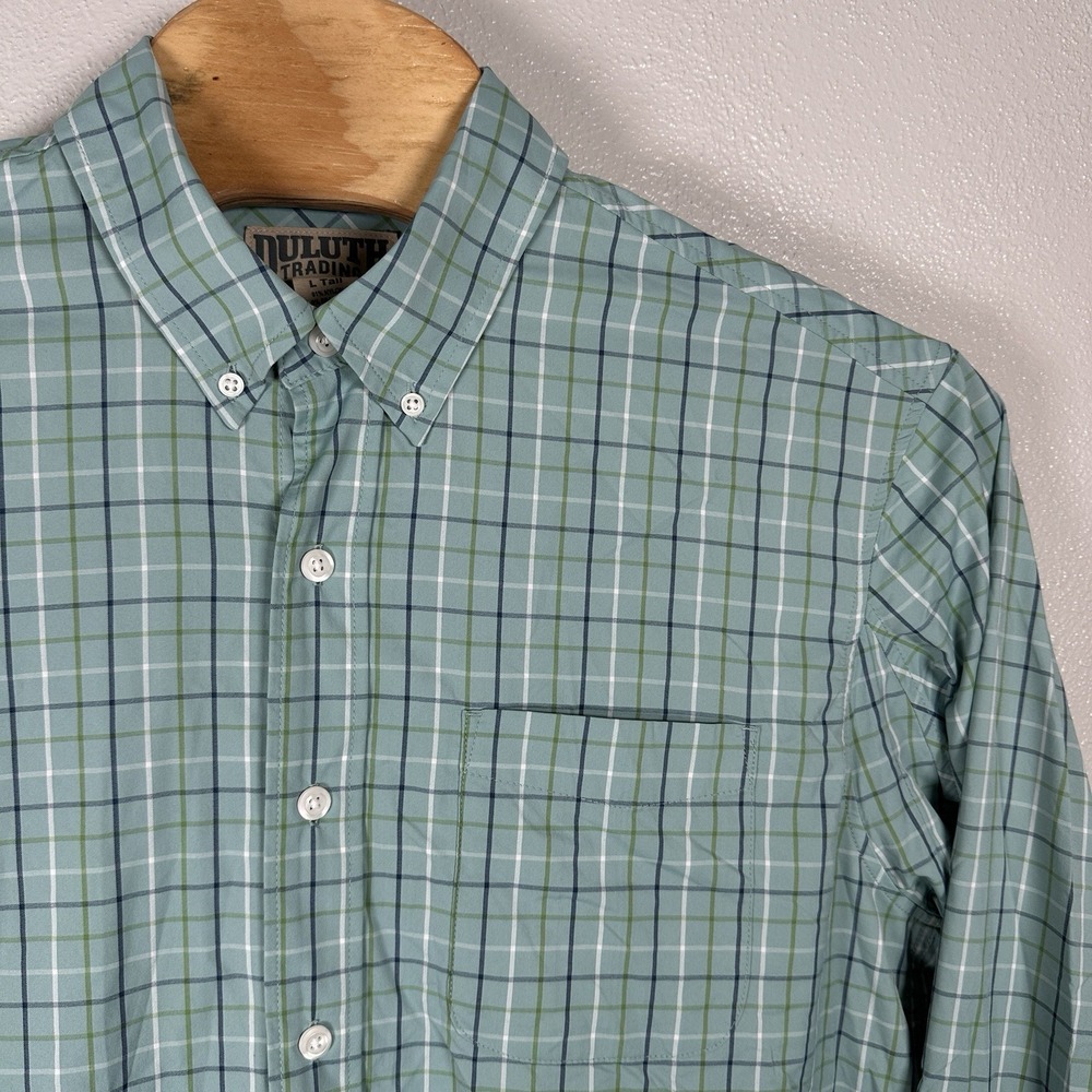 Duluth Trading Co DuluthFlex KPI Button Down Shirt LT Green Plaid Nylon Spandex